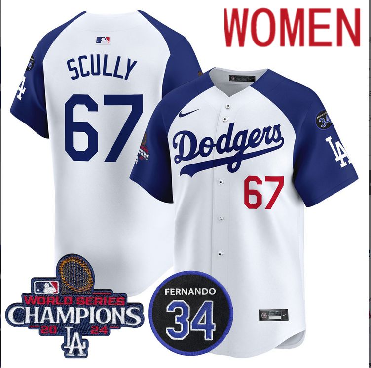 Women MLB Los Angeles Dodgers #67 Scully white 2024 World Series Champions Patch Limited Jersey style 4